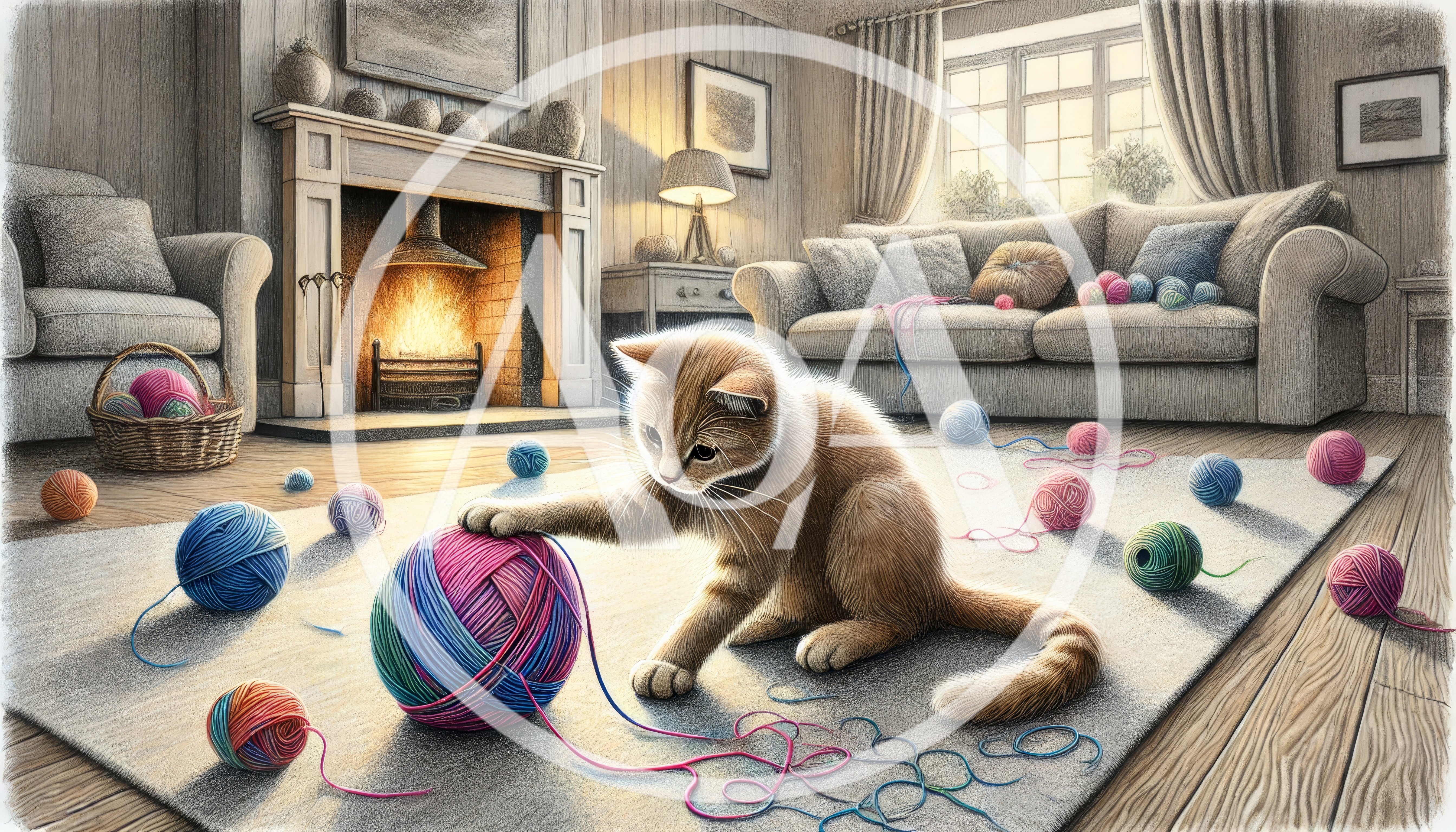 Cute Ginger Kitten Playing With Yarn Balls