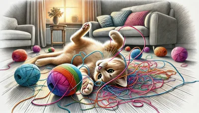 Ginger Cat Playing With Colorful Yarn Balls