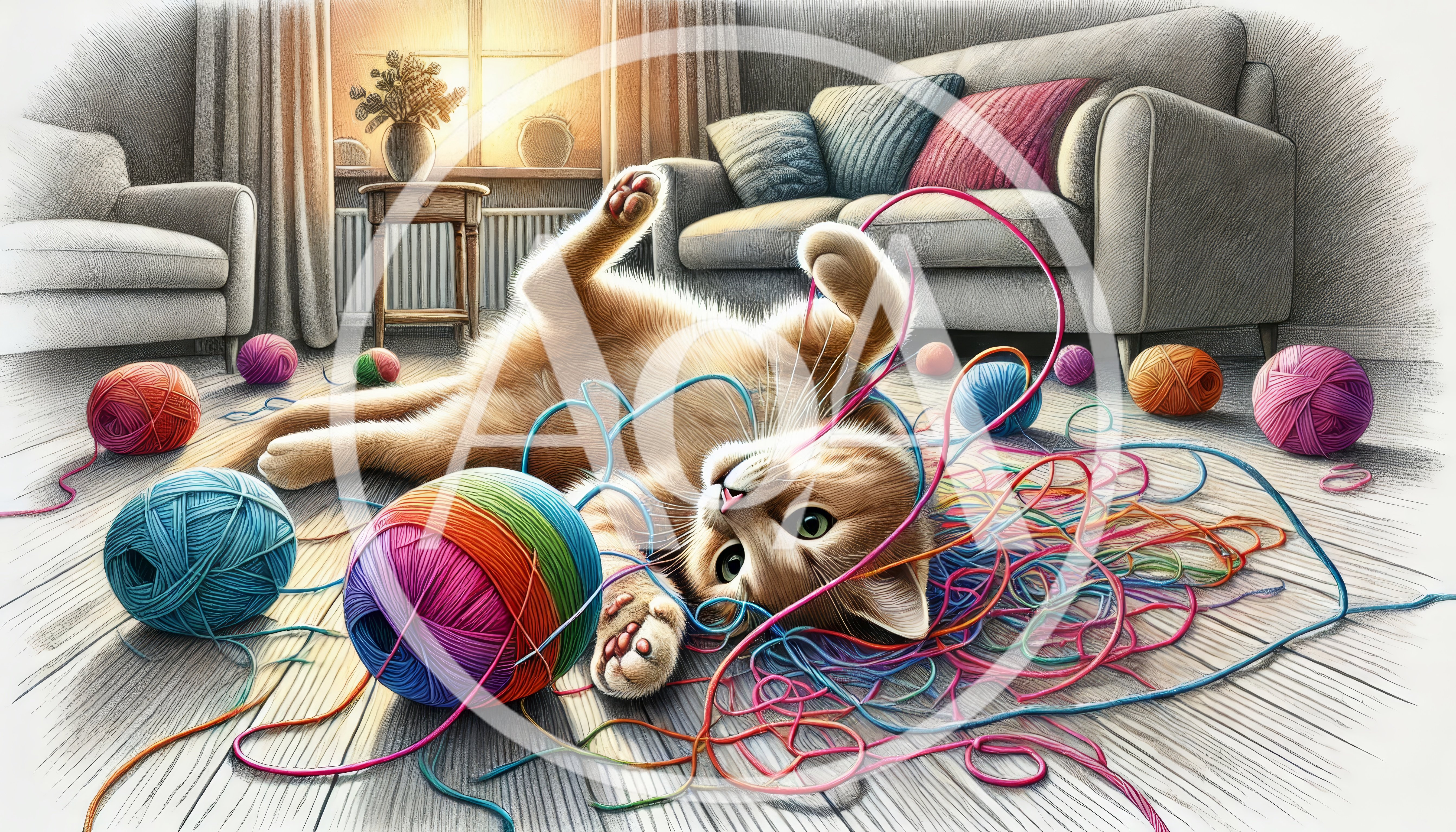 Ginger Cat Playing With Colorful Yarn Balls