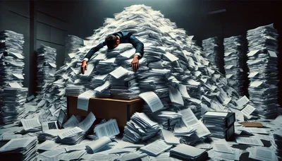 Exhausted Businessman Buried Under Massive Pile Of Paperwork