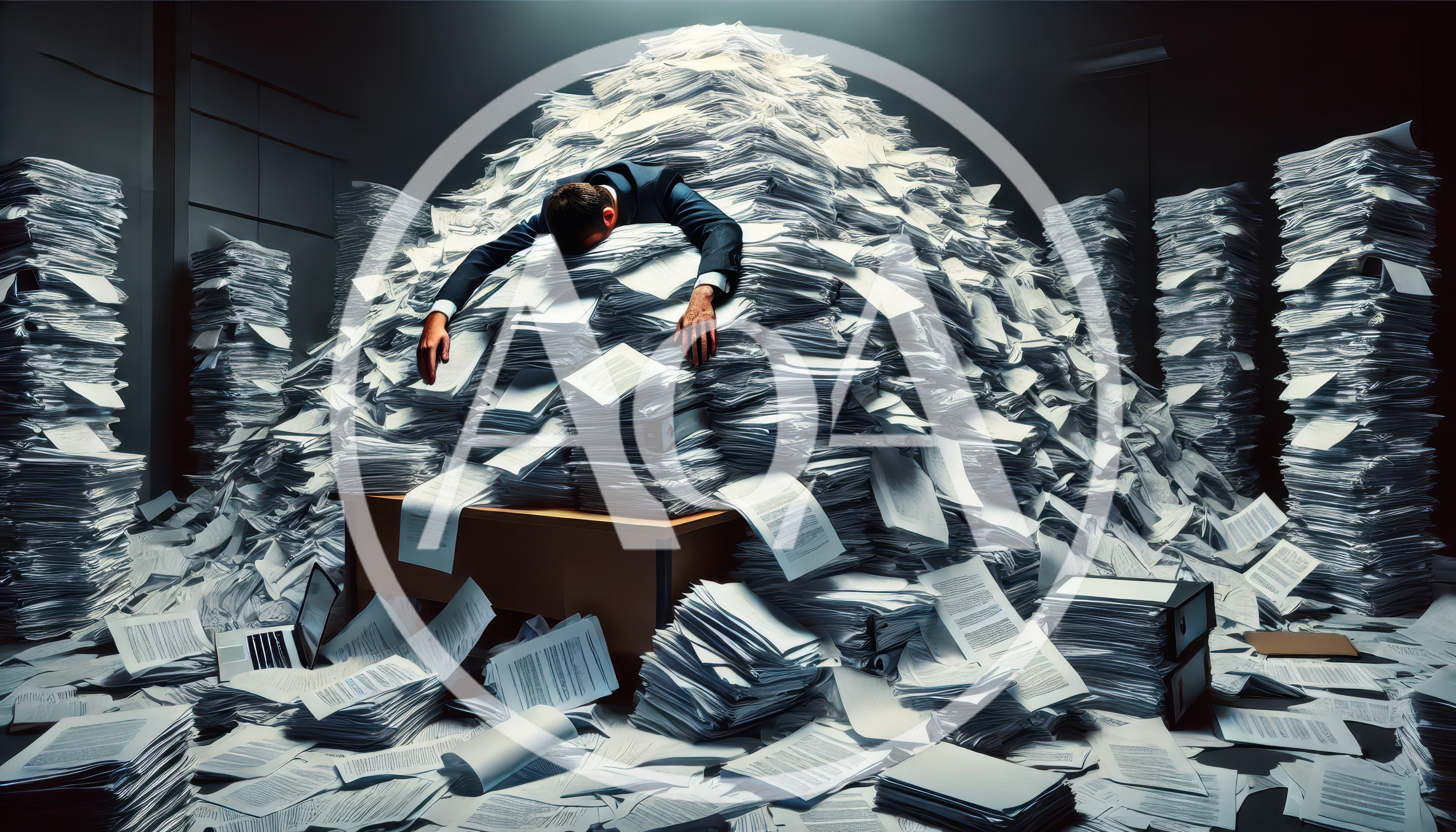 Exhausted Businessman Buried Under Massive Pile Of Paperwork