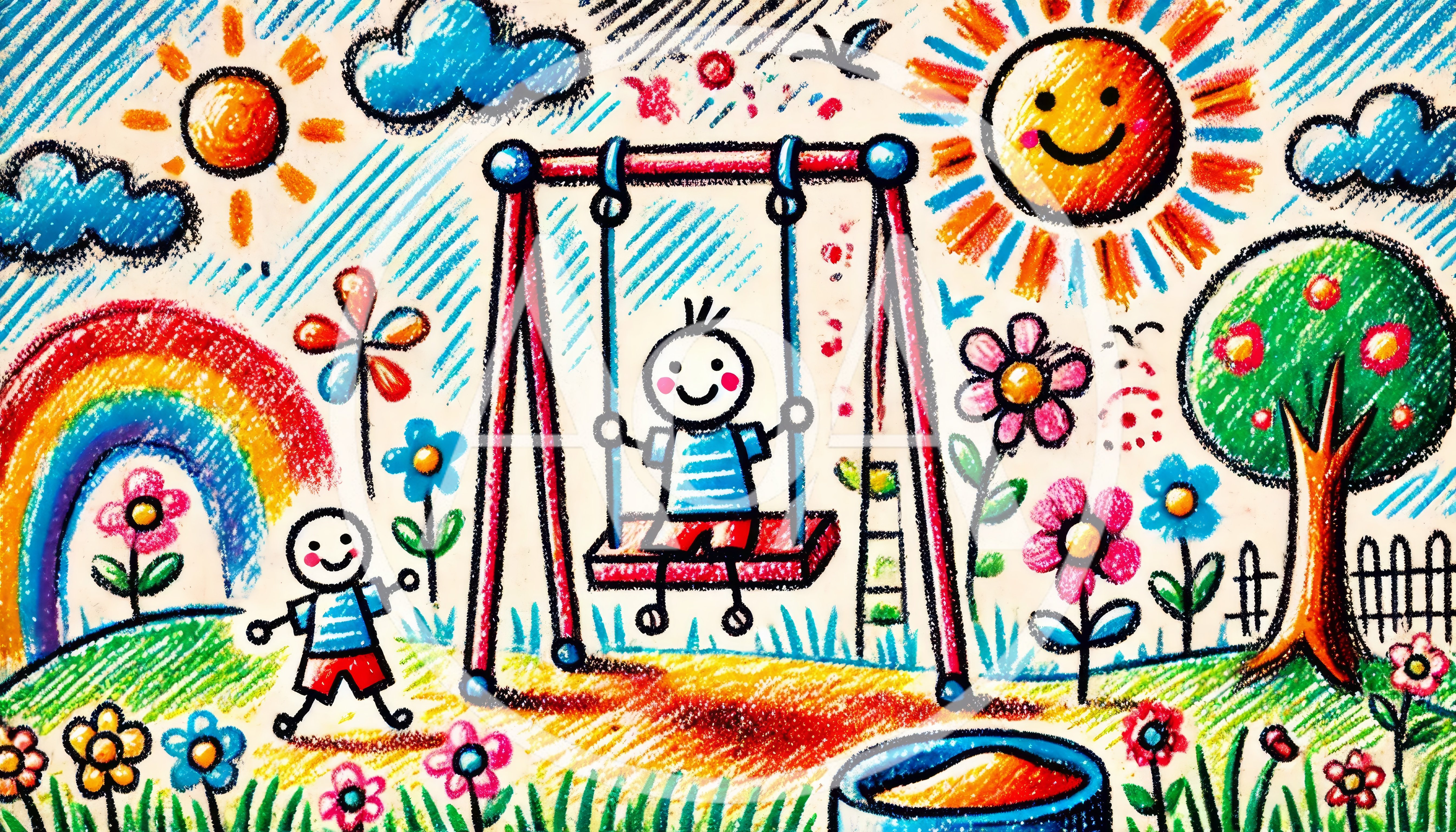 Children Playing In A Colorful Playground Drawing