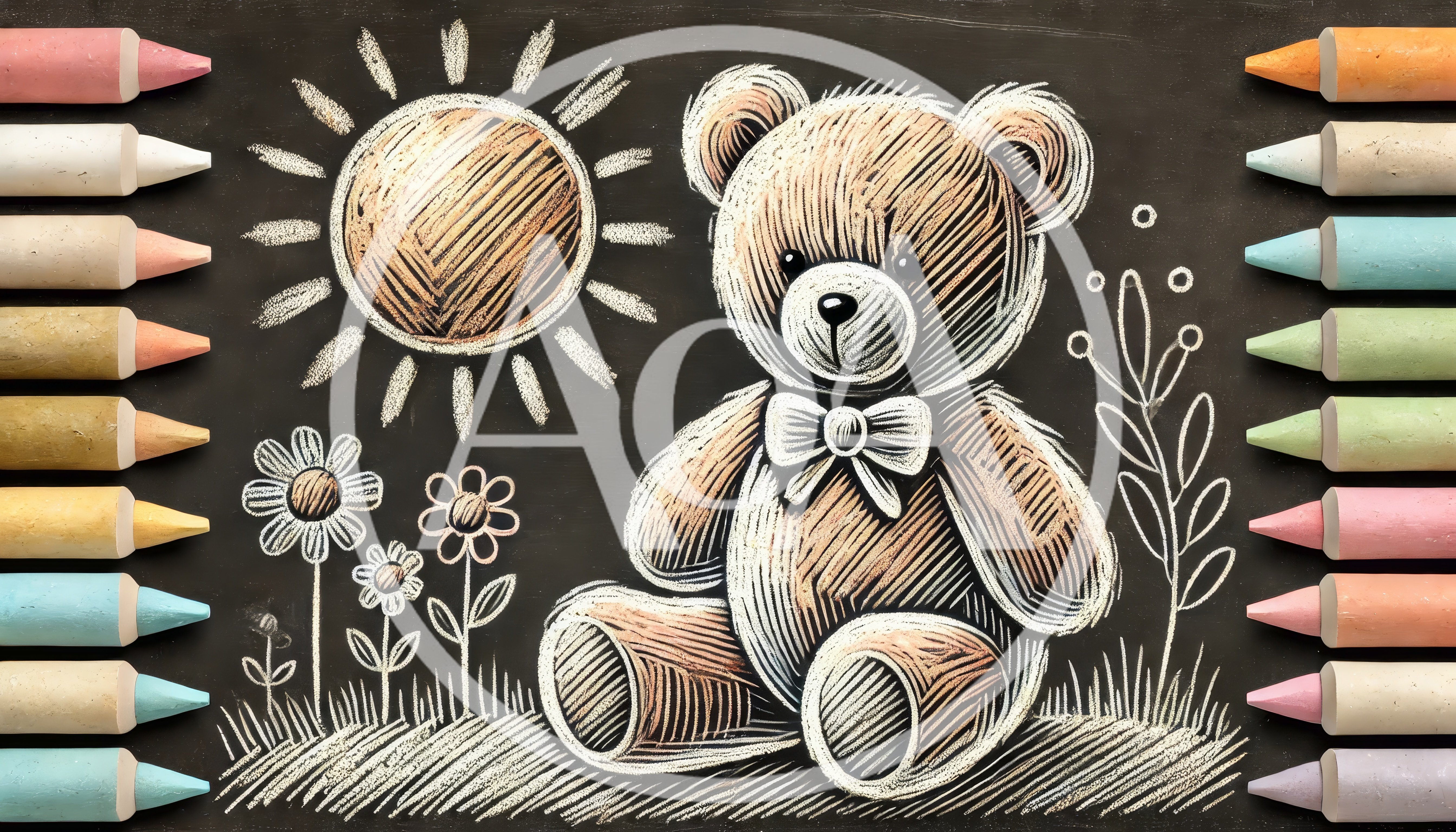 Chalk Drawing of a Teddy Bear on Blackboard
