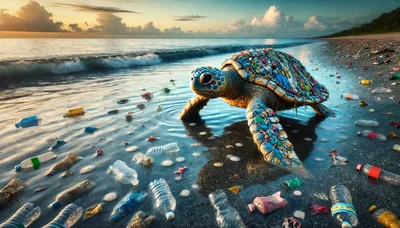 Sea Turtle Covered In Plastic Waste On Polluted Beach