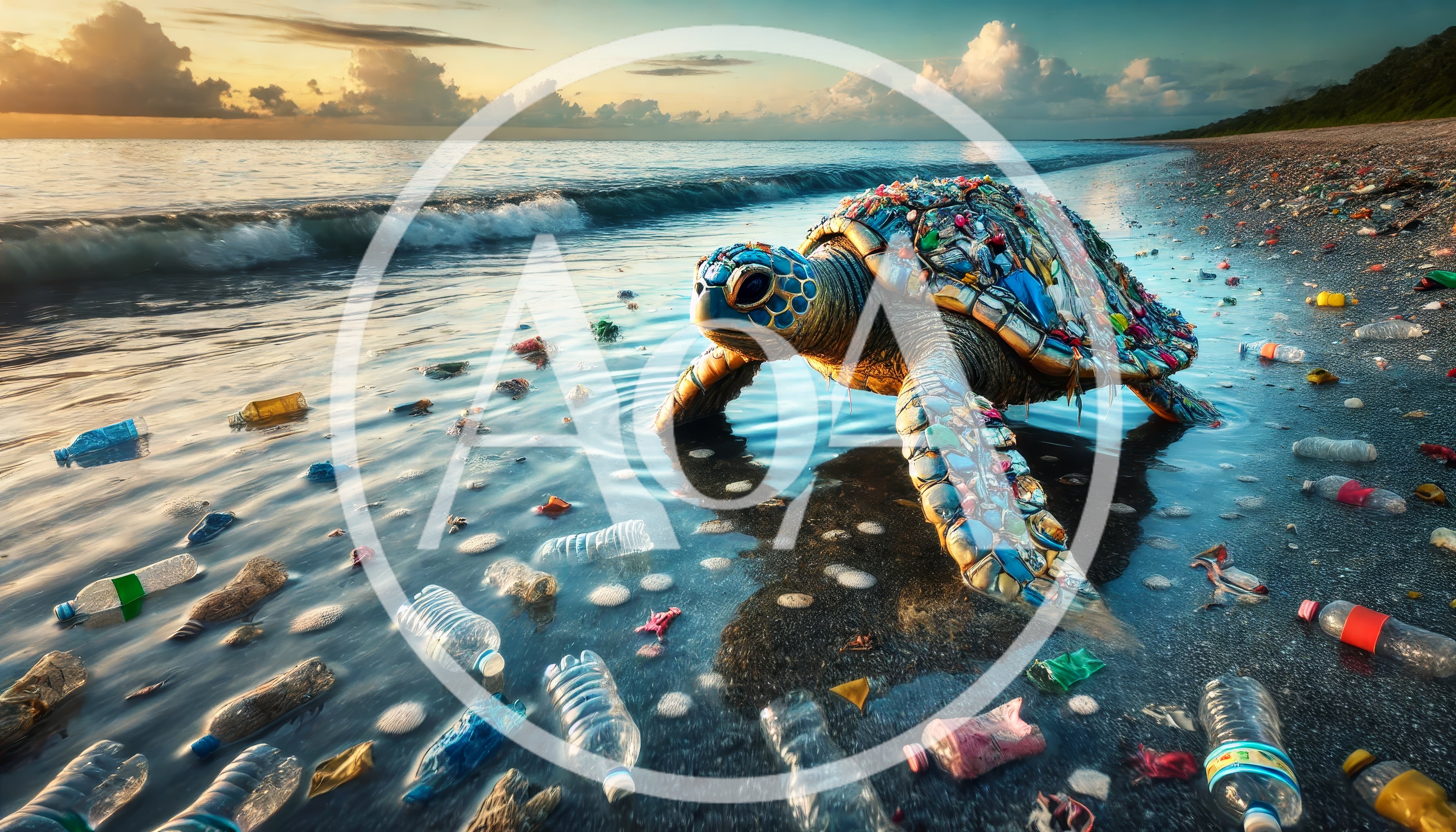 Sea Turtle Covered In Plastic Waste On Polluted Beach