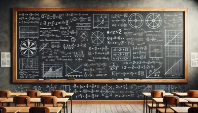 Empty Classroom With Complex Mathematical Equations On Blackboard
