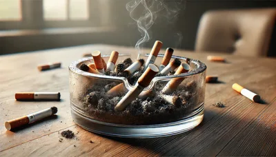 Glass Ashtray Filled With Smoldering Cigarette Butts