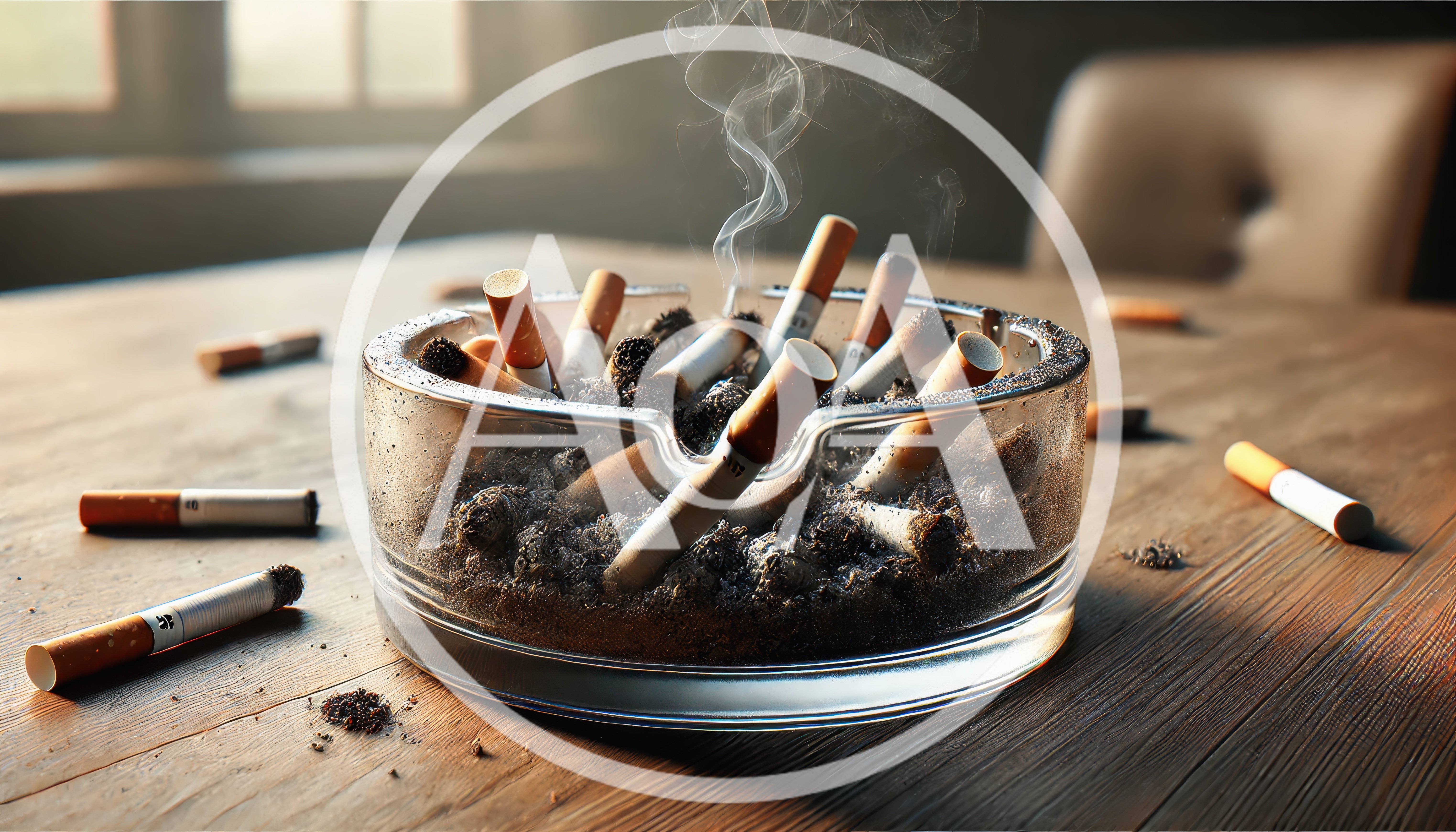 Glass Ashtray Filled With Smoldering Cigarette Butts
