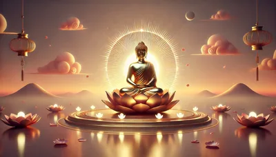 Golden Buddha Statue Meditating on Lotus Flower