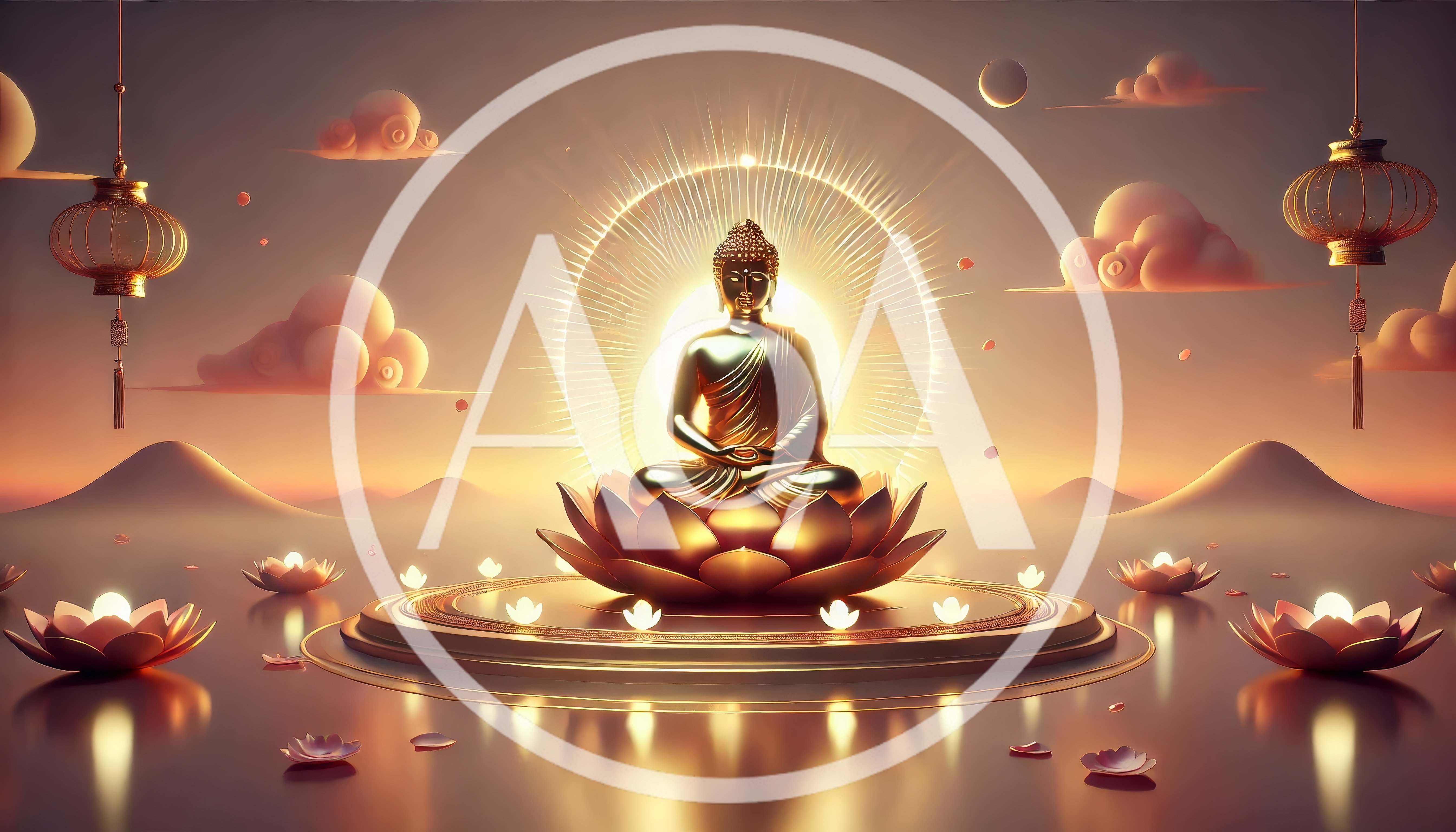 Golden Buddha Statue Meditating on Lotus Flower