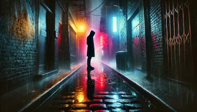 Hooded Figure Standing In A Rainy Neon Alleyway