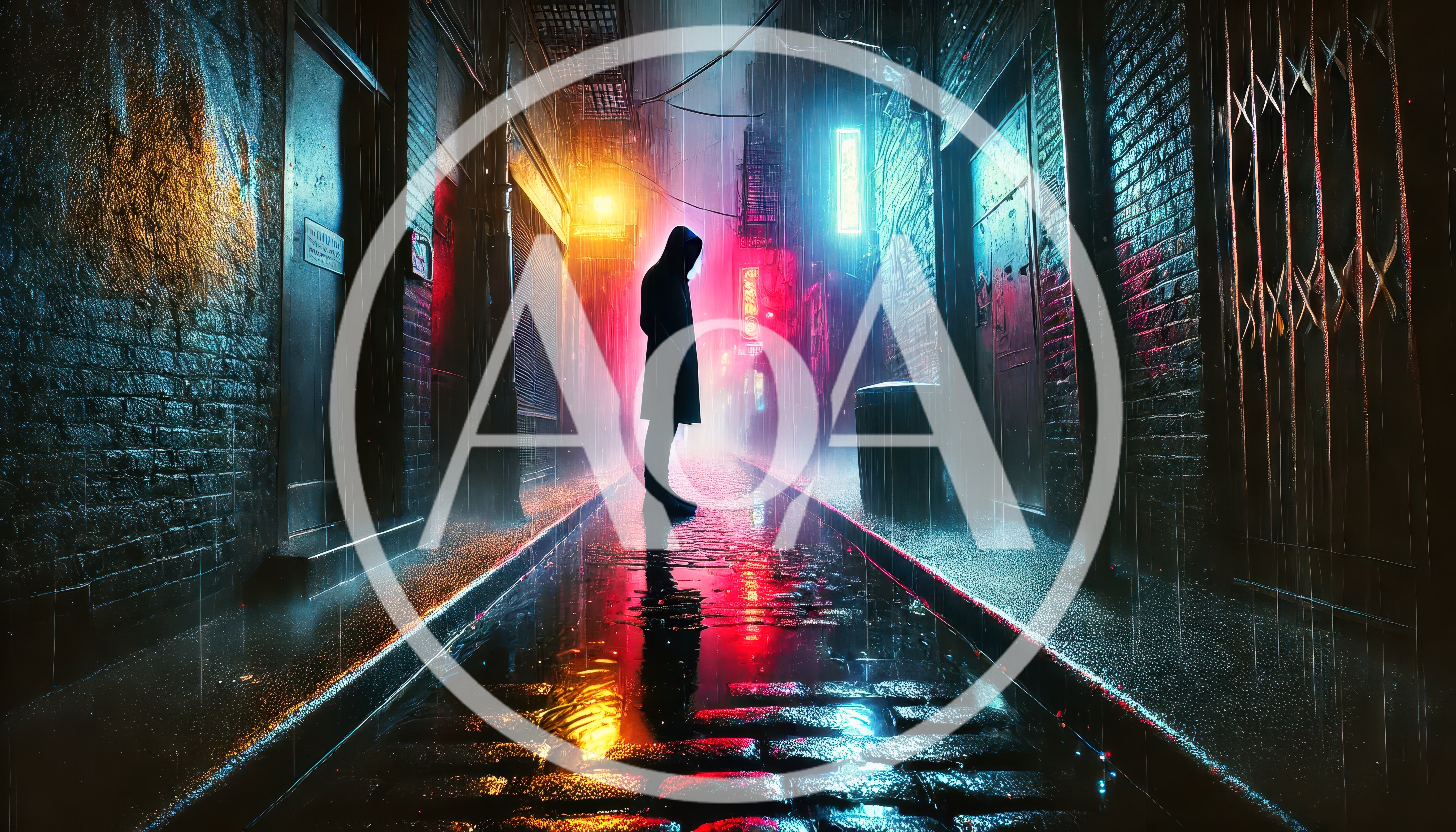 Hooded Figure Standing In A Rainy Neon Alleyway