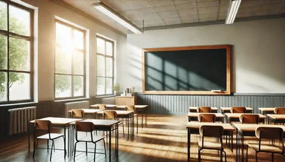 Empty Classroom With Sunlight Streaming Through Windows