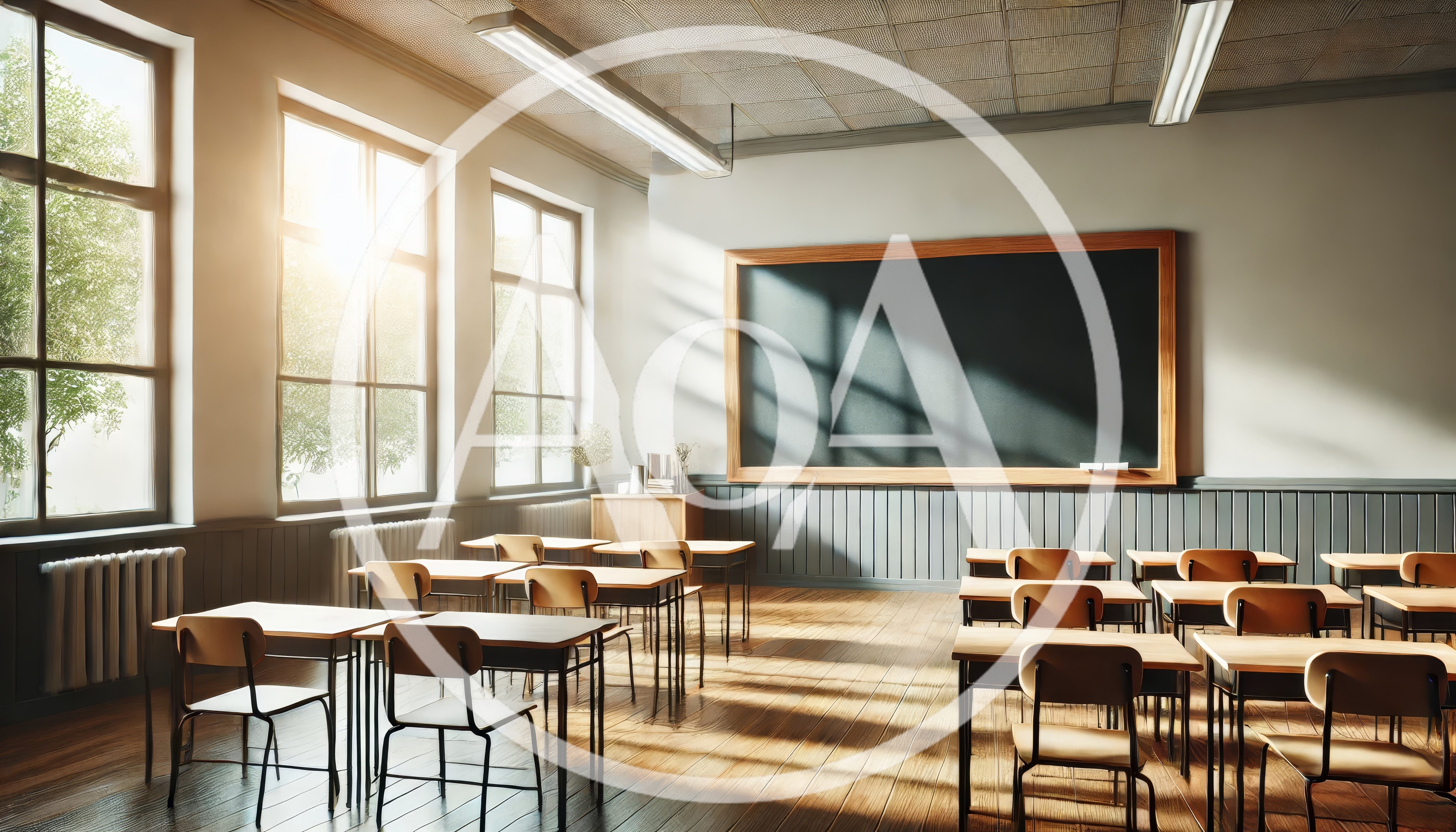 Empty Classroom With Sunlight Streaming Through Windows