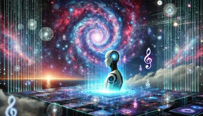 Futuristic Android Interacting With Digital Music In Space