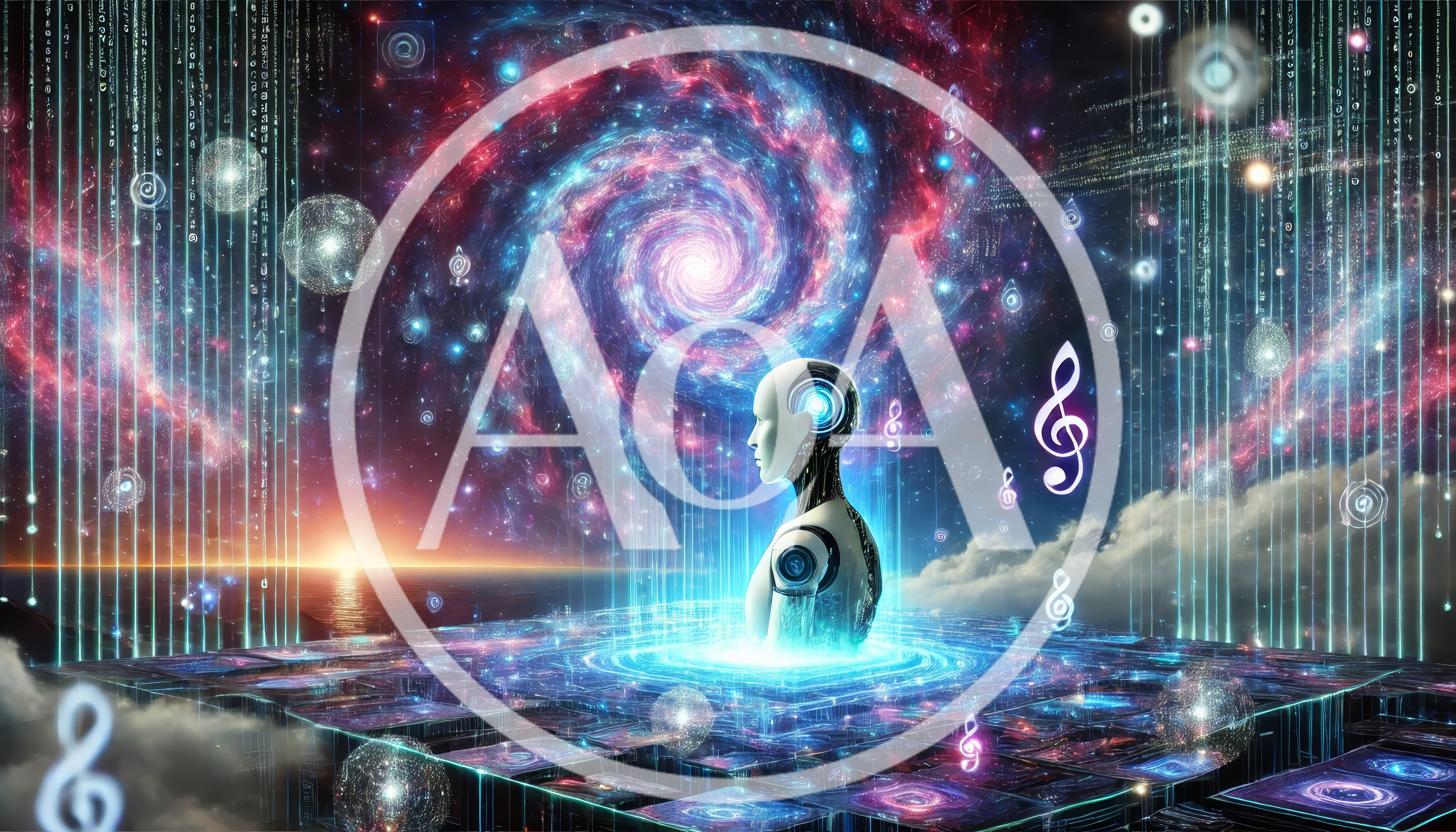 Futuristic Android Interacting With Digital Music In Space