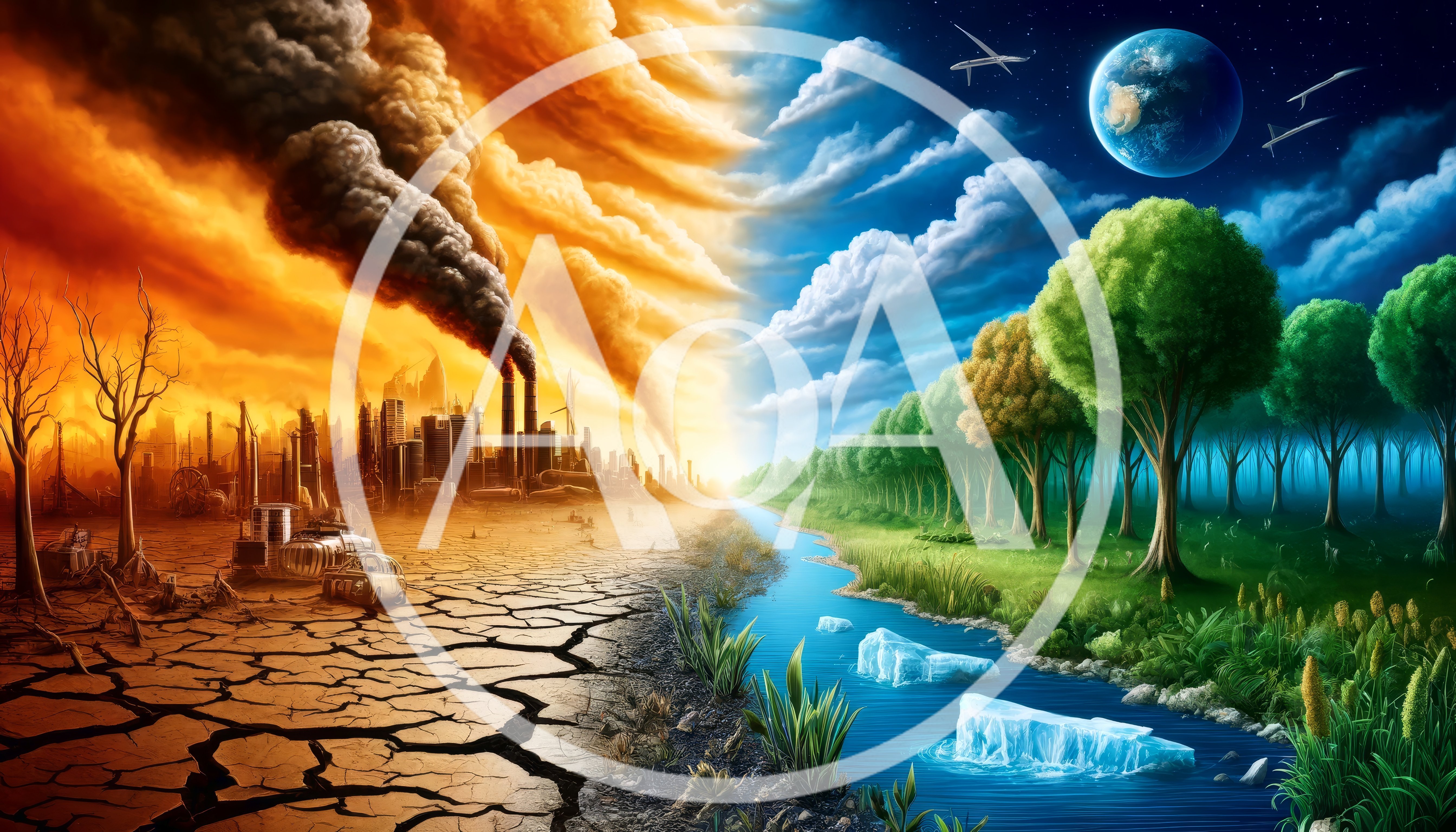 Conceptual Split Screen Of Environmental Destruction And Nature