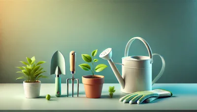 Gardening Tools And Potted Plants On A Table