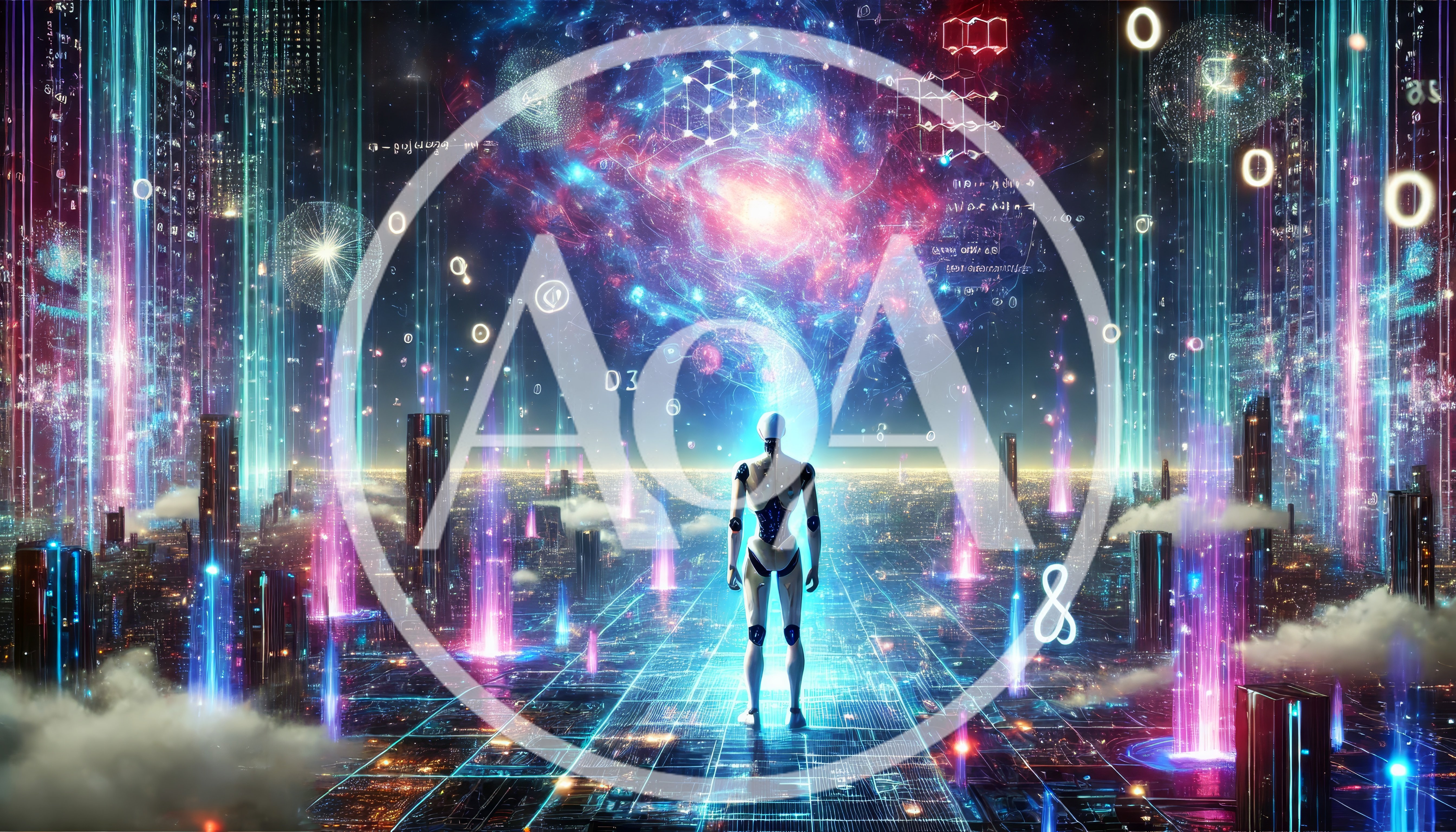 Futuristic Android Standing In A Digital Cyberpunk City