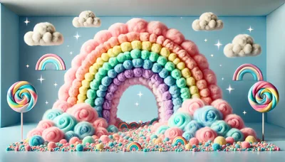 Whimsical Rainbow Arch With Cotton Candy Clouds And Lollipops