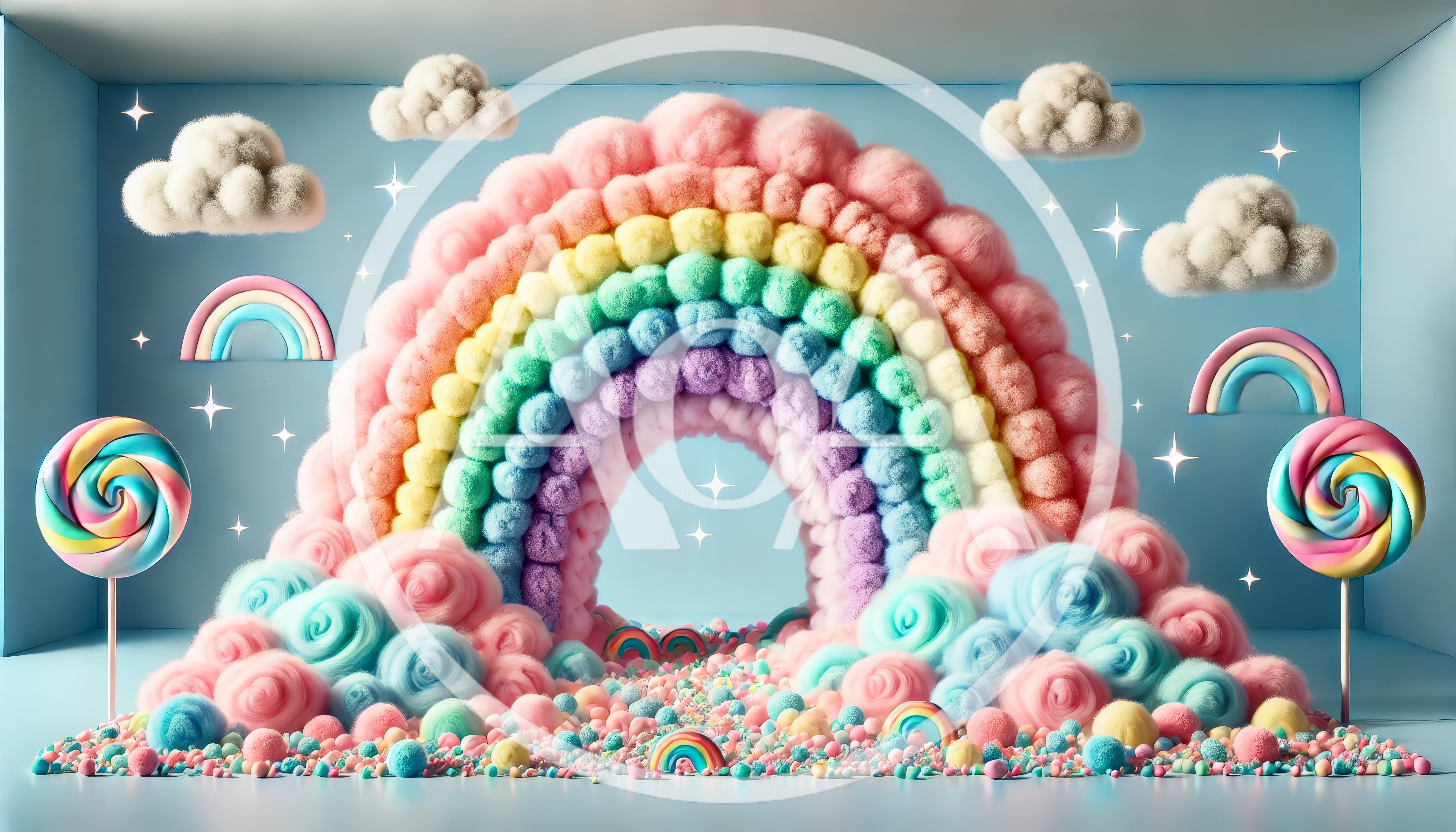 Whimsical Rainbow Arch With Cotton Candy Clouds And Lollipops