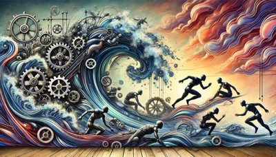 Surreal Humanoid Figures Running Through Mechanical Ocean Wave