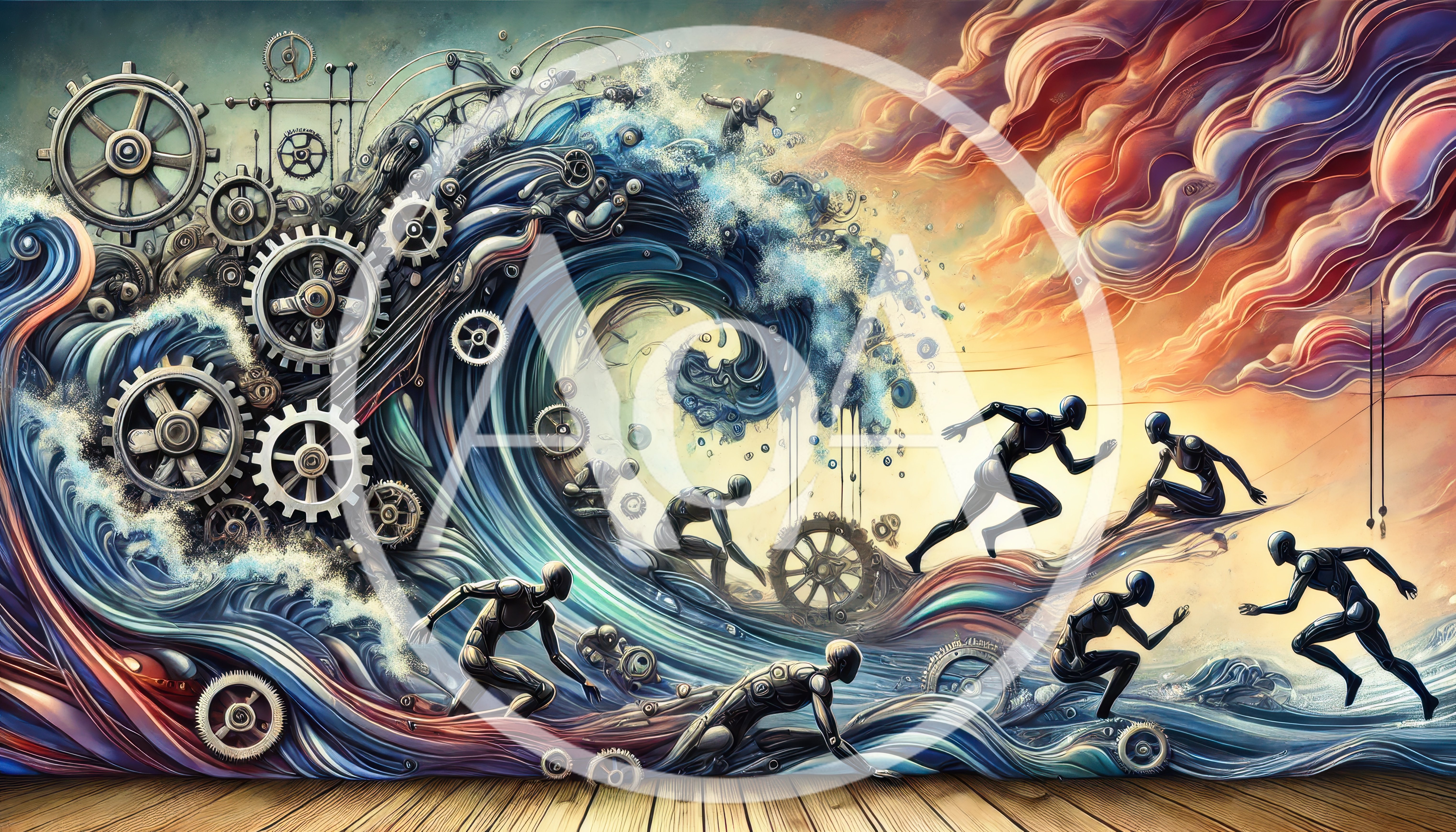 Surreal Humanoid Figures Running Through Mechanical Ocean Wave