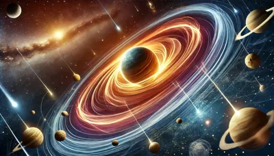Cosmic Planetary System With Glowing Rings And Meteors