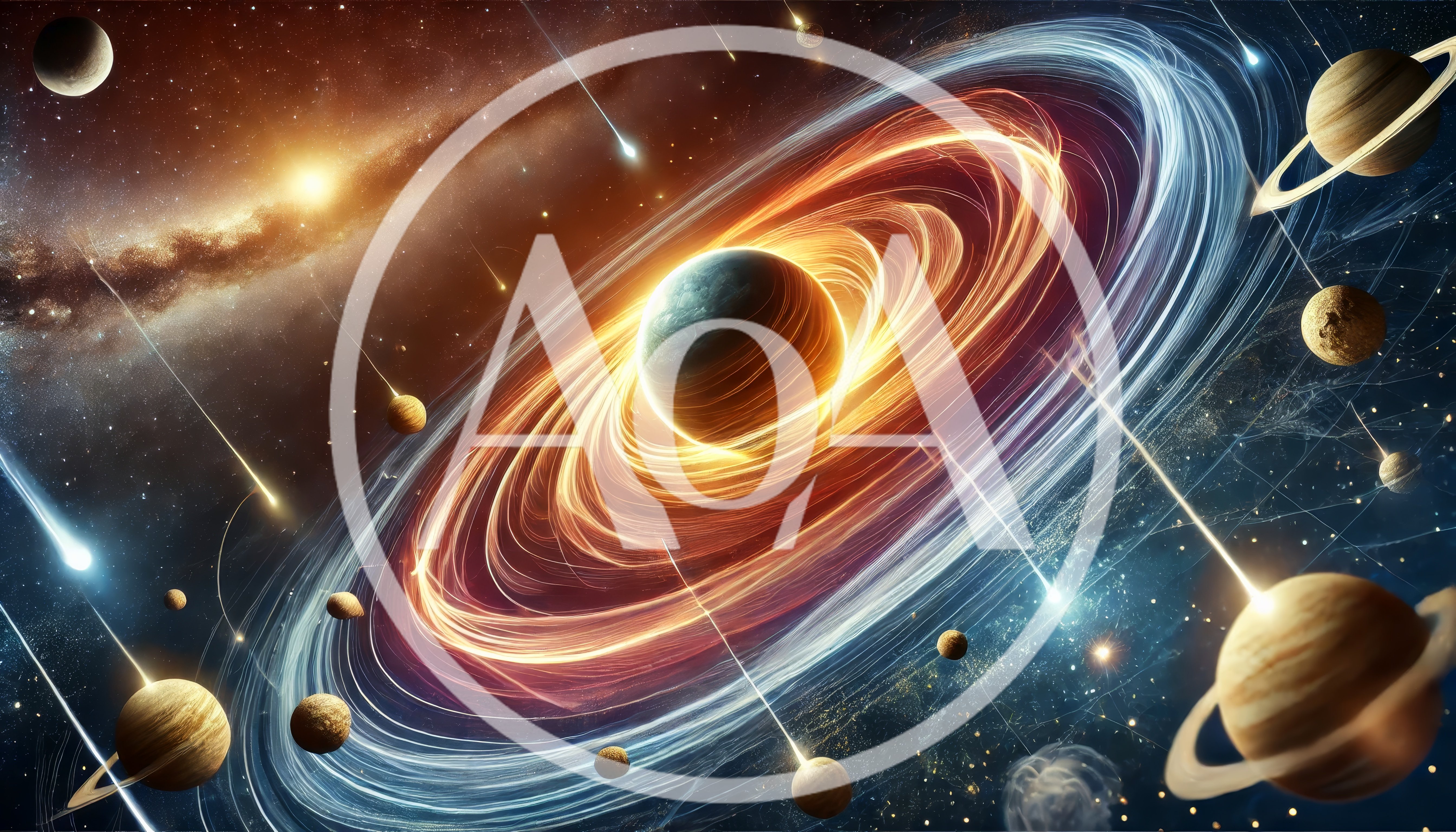Cosmic Planetary System With Glowing Rings And Meteors