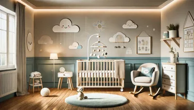 Modern Nursery Room With Crib And Rocking Chair