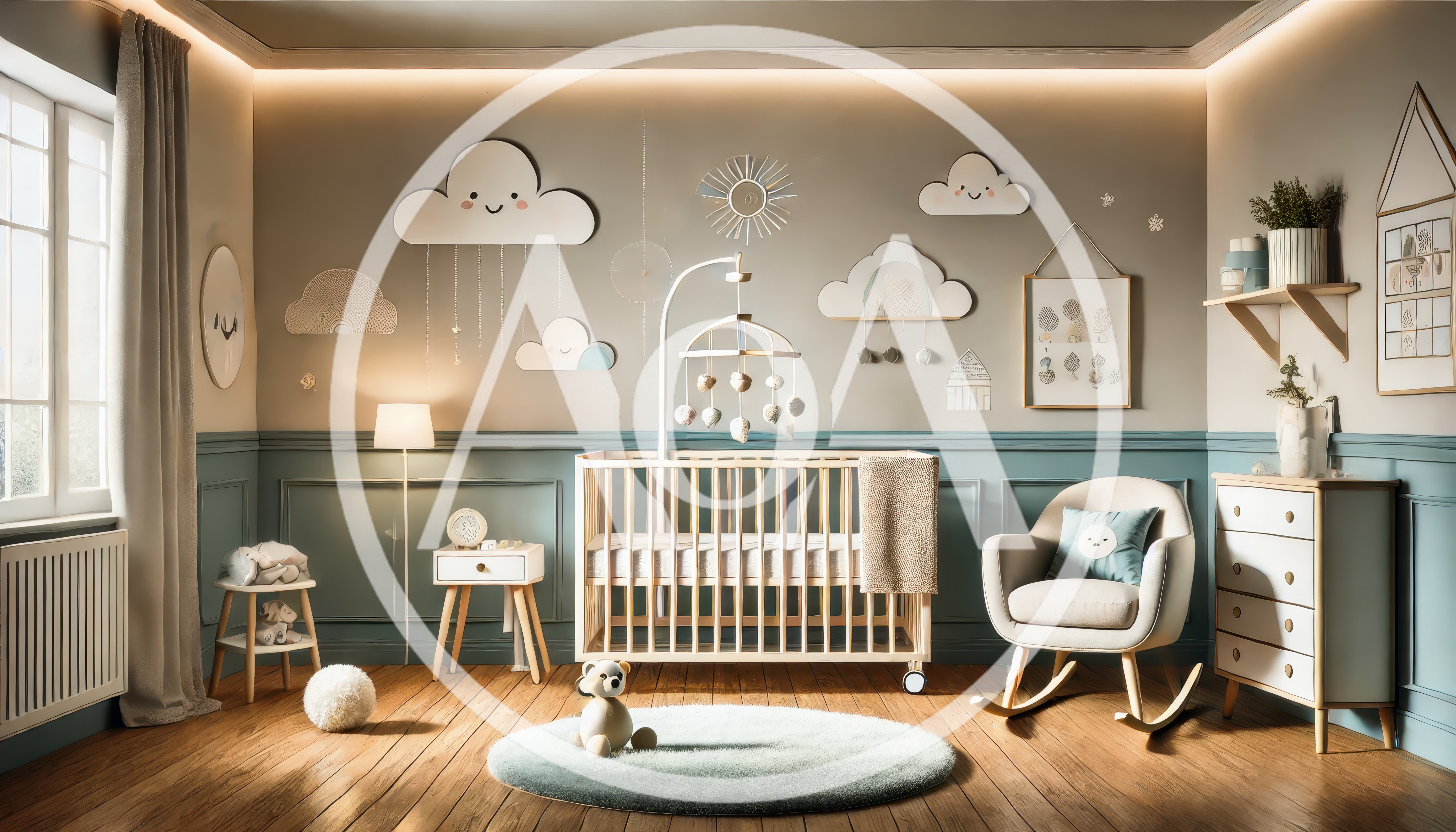 Modern Nursery Room With Crib And Rocking Chair