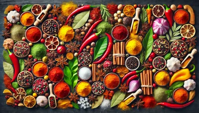 Assorted Spices and Herbs on Dark Wooden Background