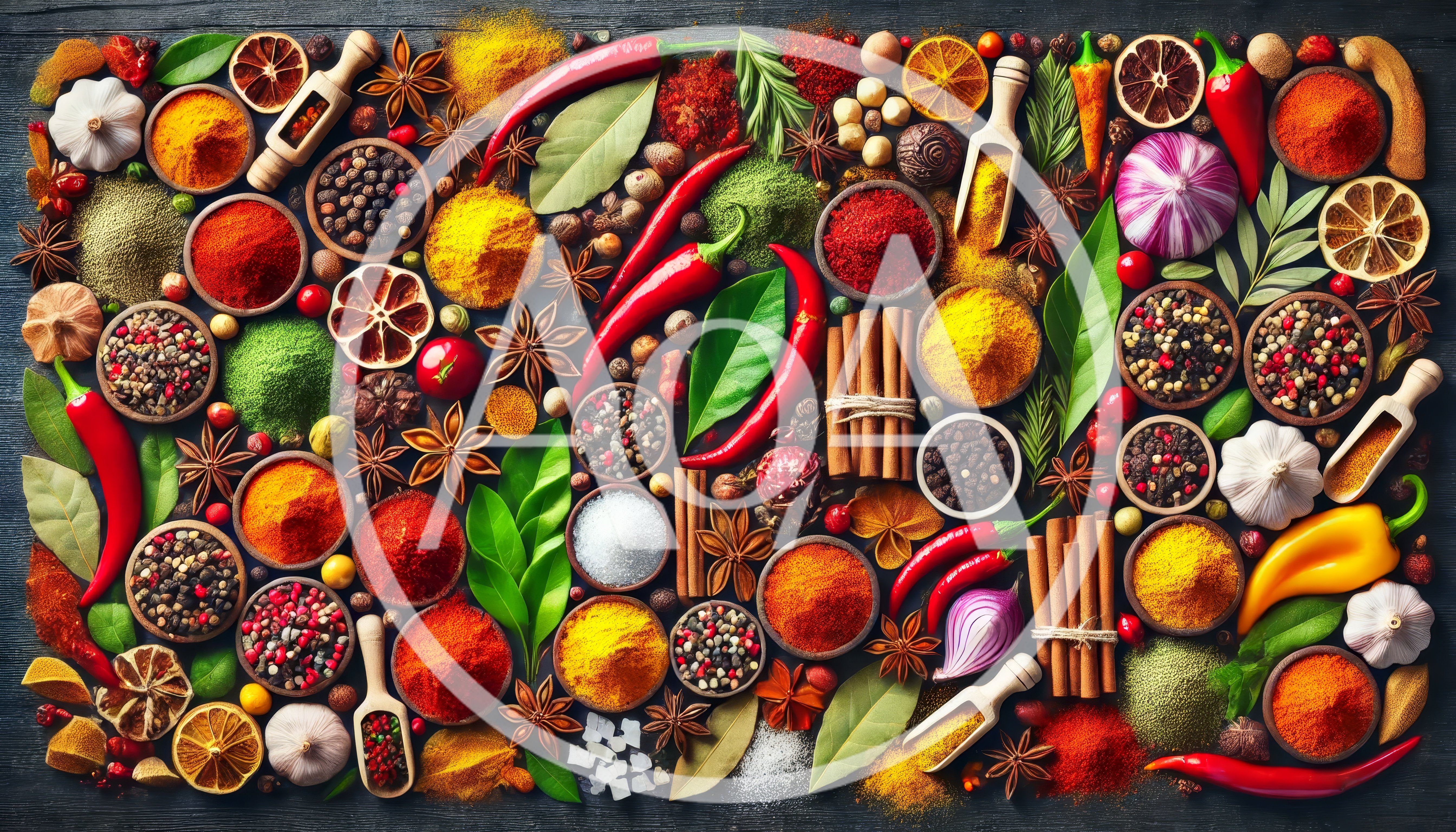 Assorted Spices and Herbs on Dark Wooden Background