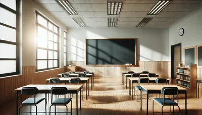 Empty Classroom With Sunlight Streaming Through Windows