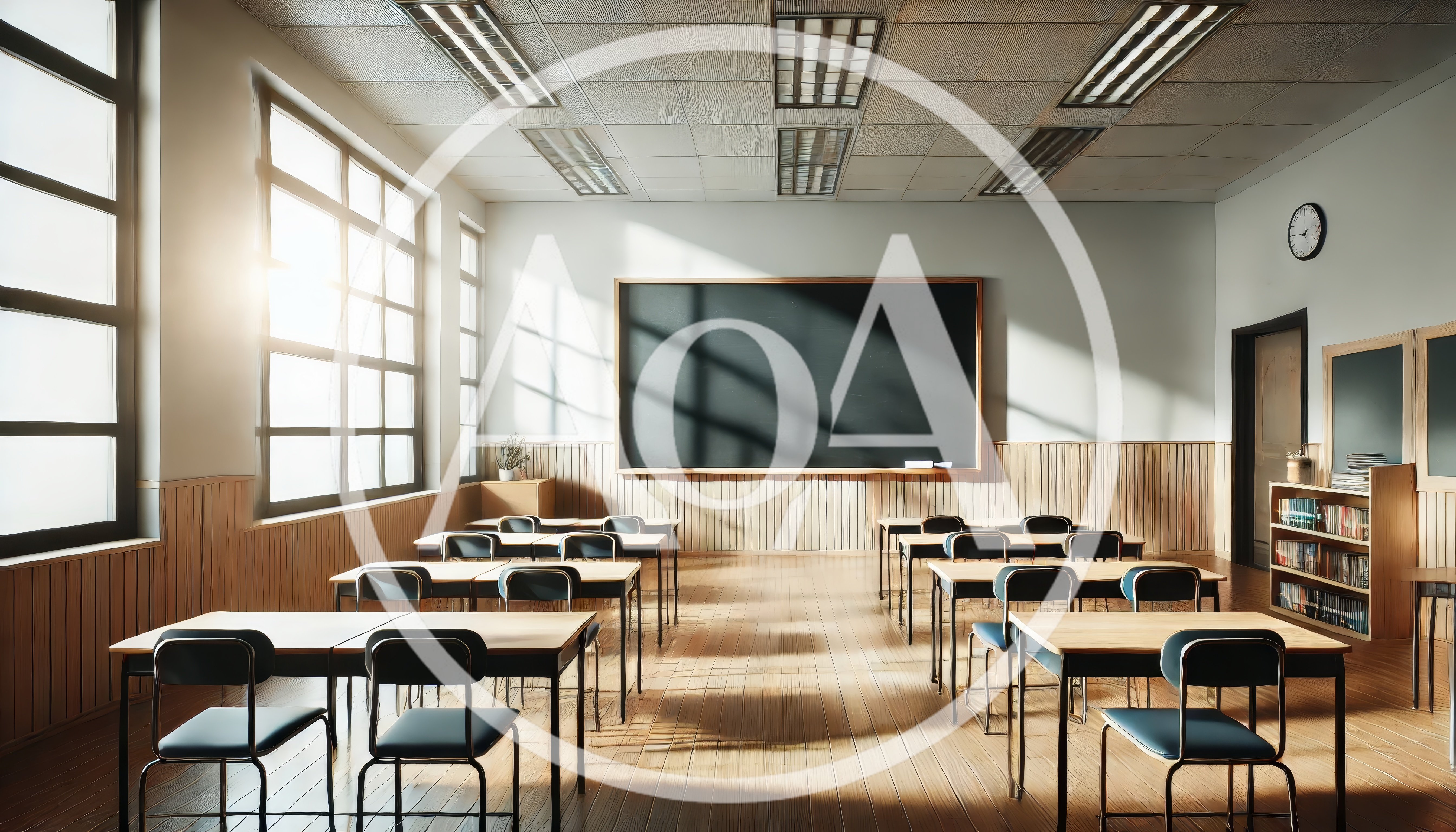 Empty Classroom With Sunlight Streaming Through Windows