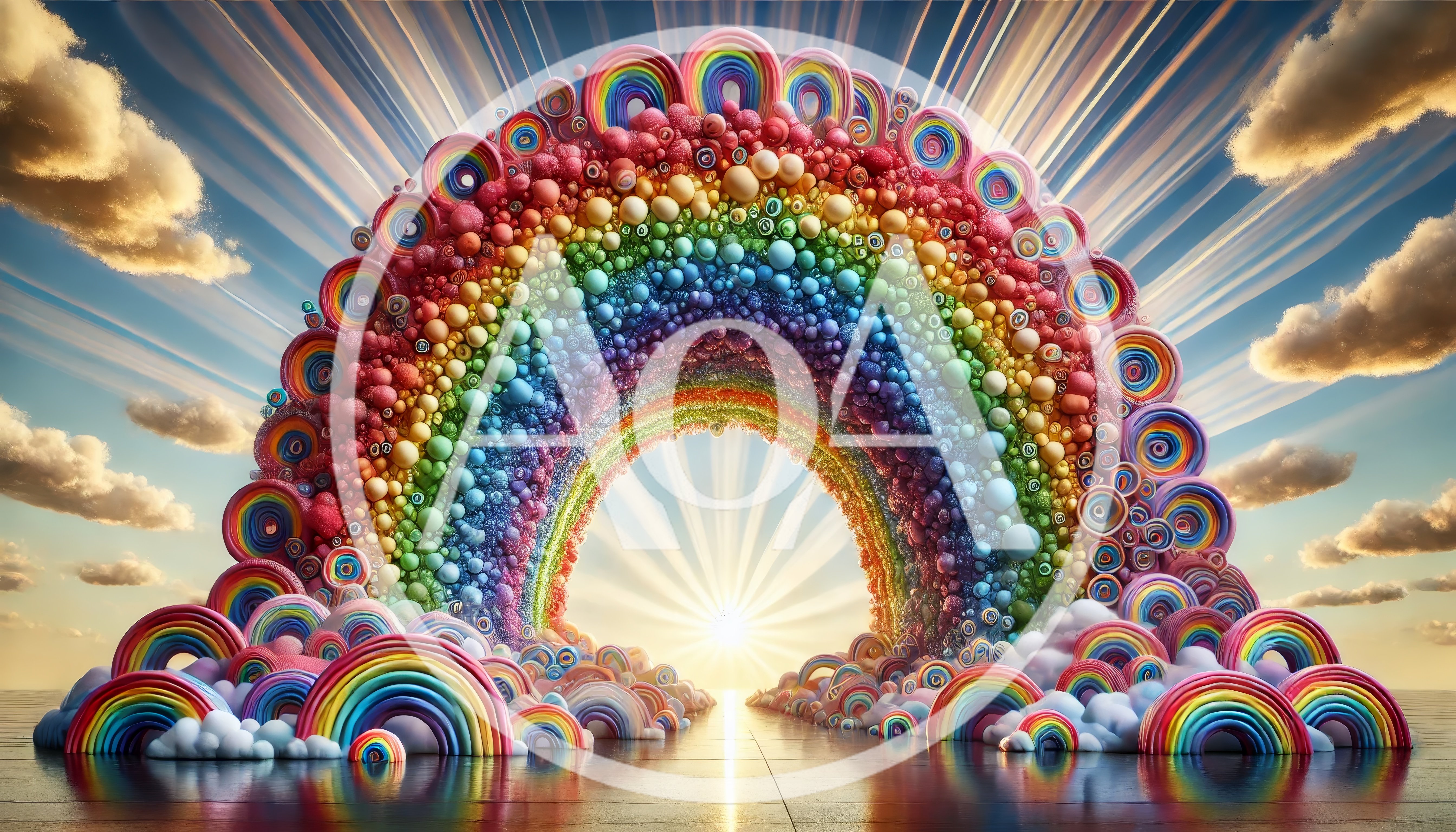 Surreal Rainbow Archway With Sunburst Background