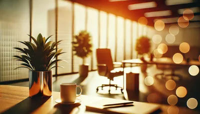 Modern Office Desk With Plant And Coffee Cup