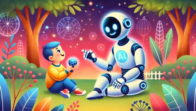 Young Boy Interacting With Friendly AI Robot
