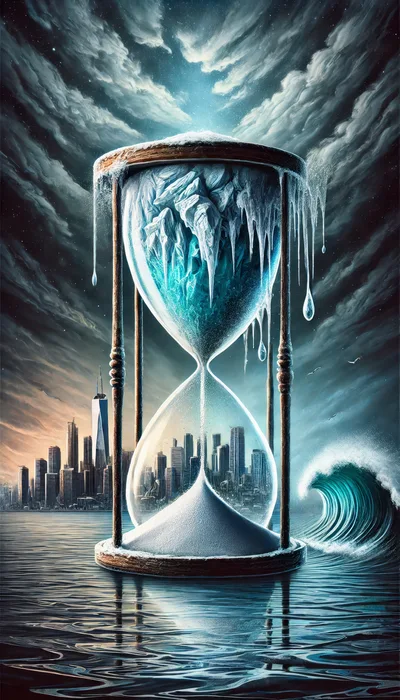 Surreal Hourglass With Melting Ice And Cityscape