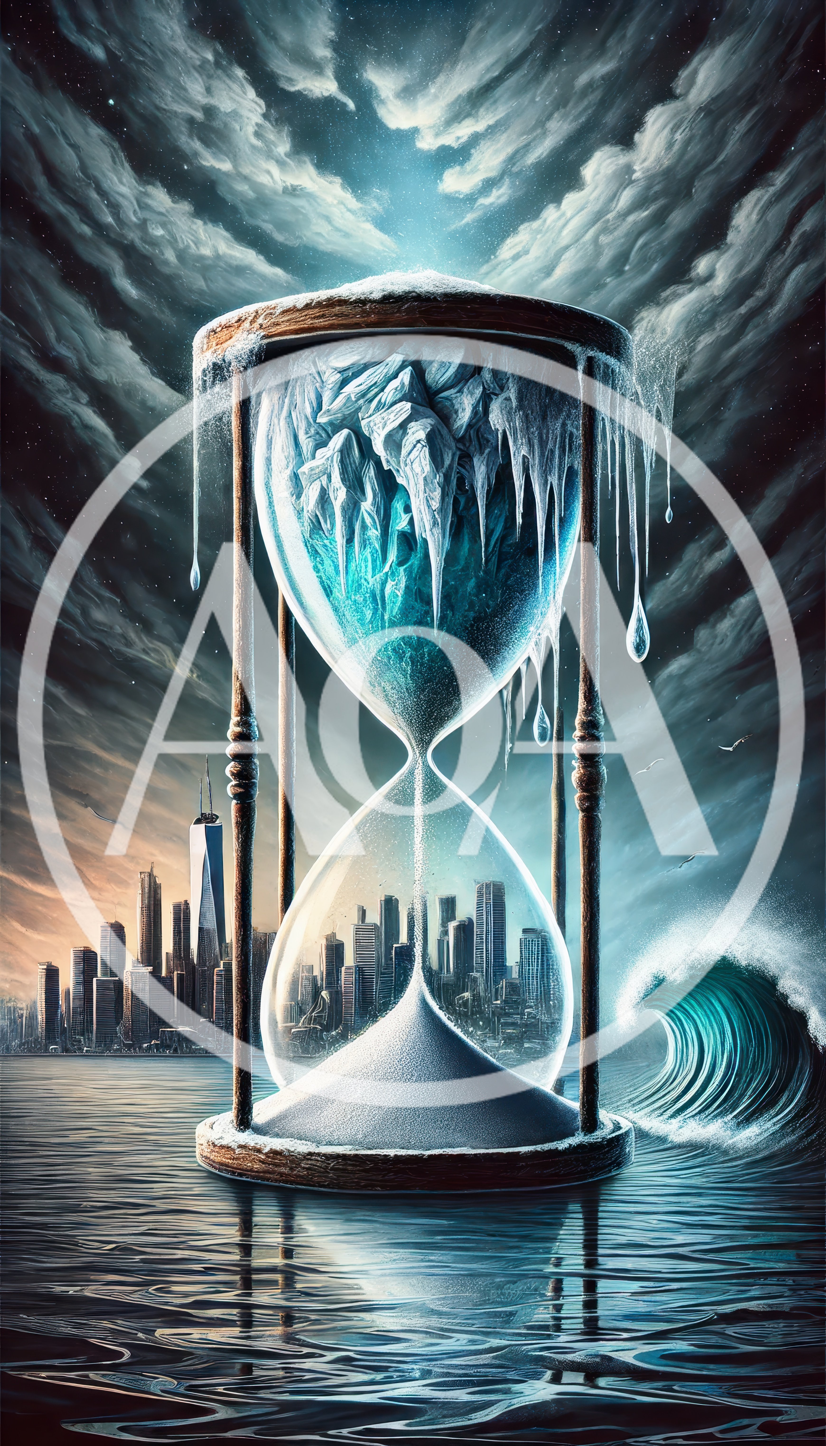 Surreal Hourglass With Melting Ice And Cityscape
