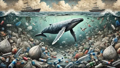 Humpback Whale Swimming Through Ocean Plastic Pollution
