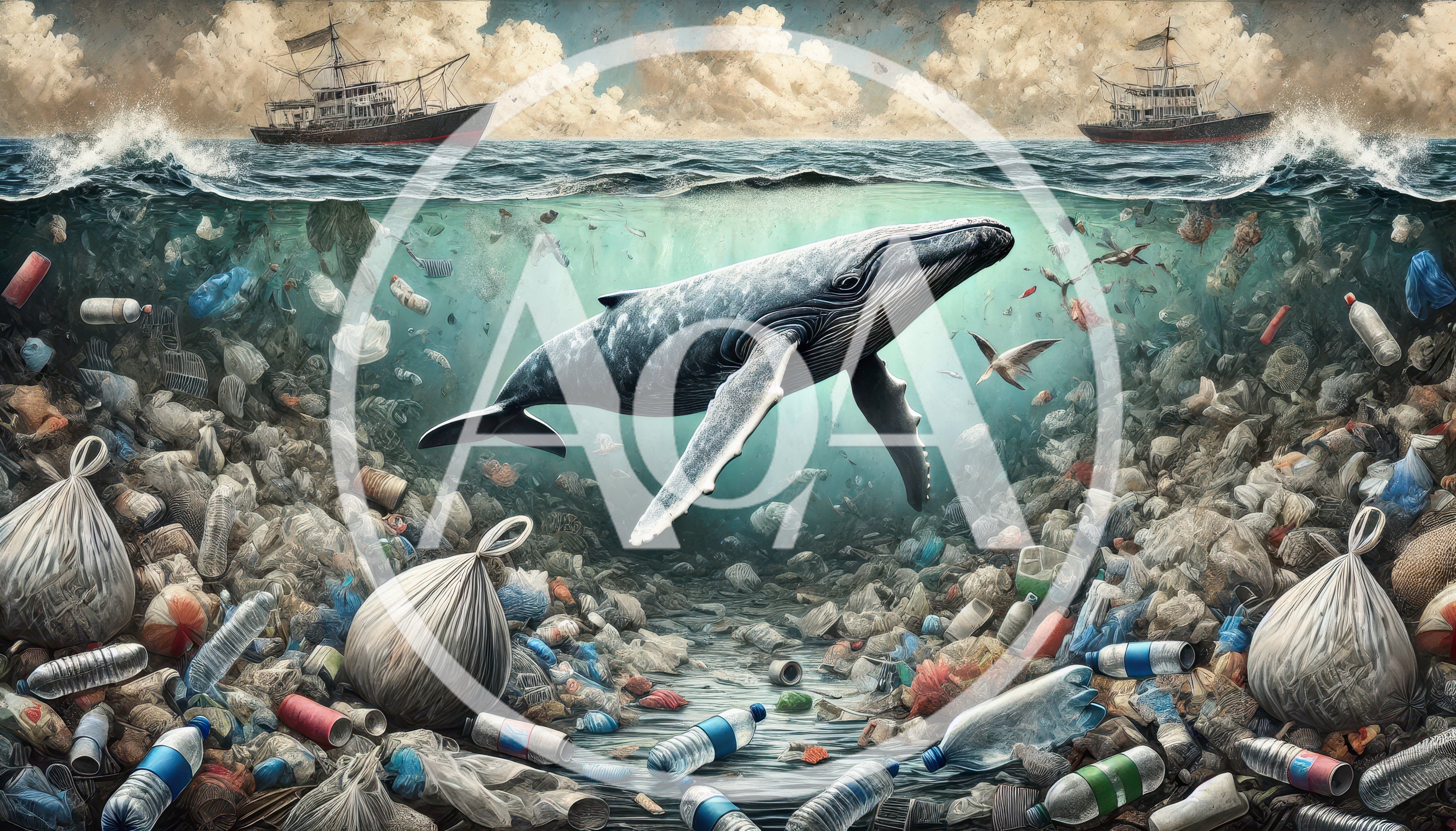 Humpback Whale Swimming Through Ocean Plastic Pollution