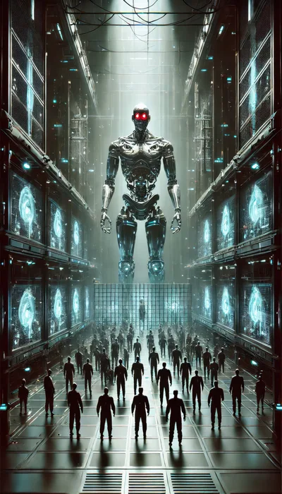 Giant Metallic Robot Overseeing A Crowd Of People