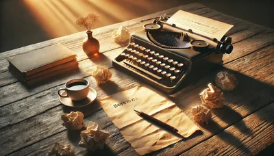 Vintage Typewriter And Coffee On A Rustic Wooden Desk