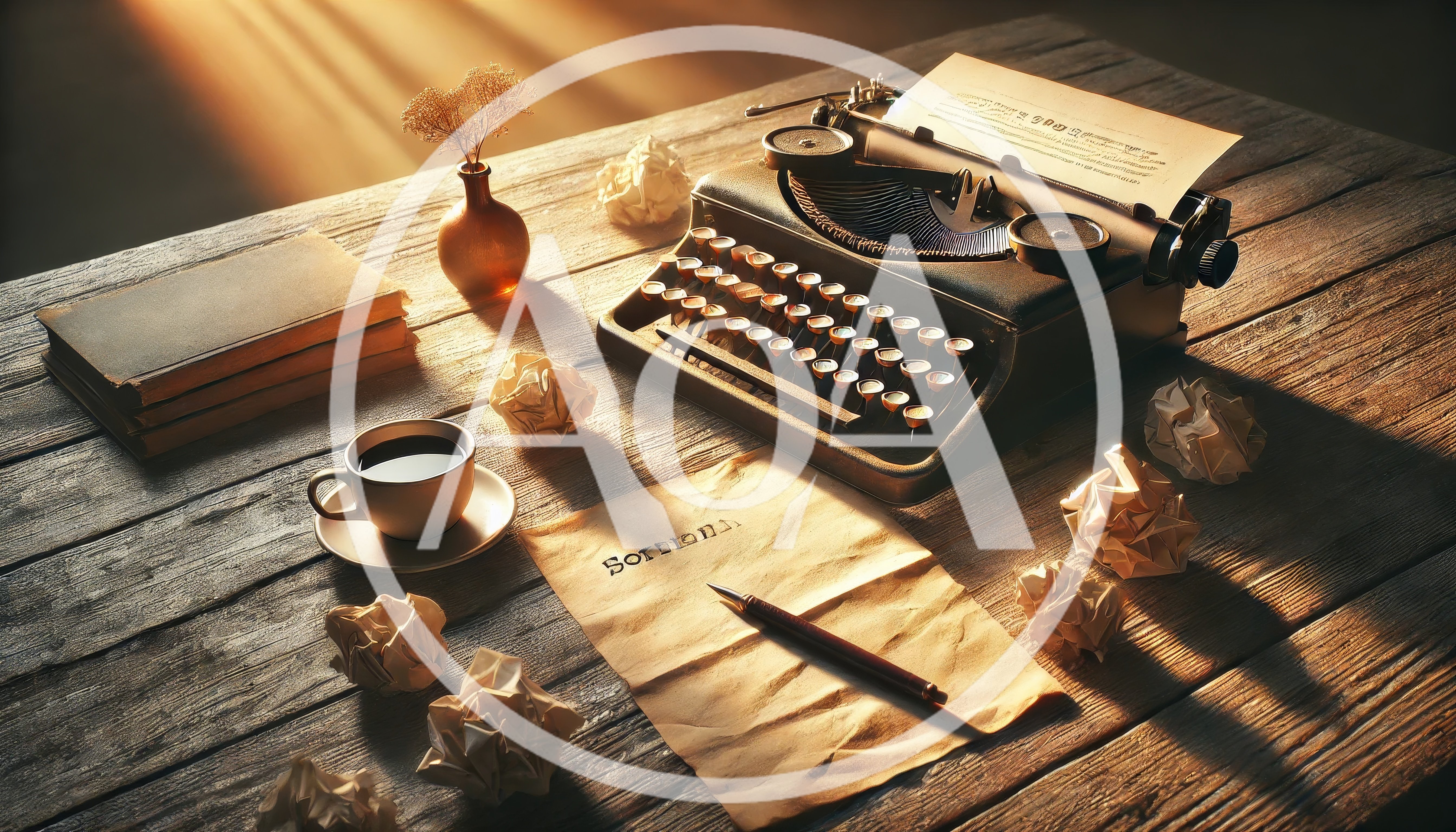 Vintage Typewriter And Coffee On A Rustic Wooden Desk