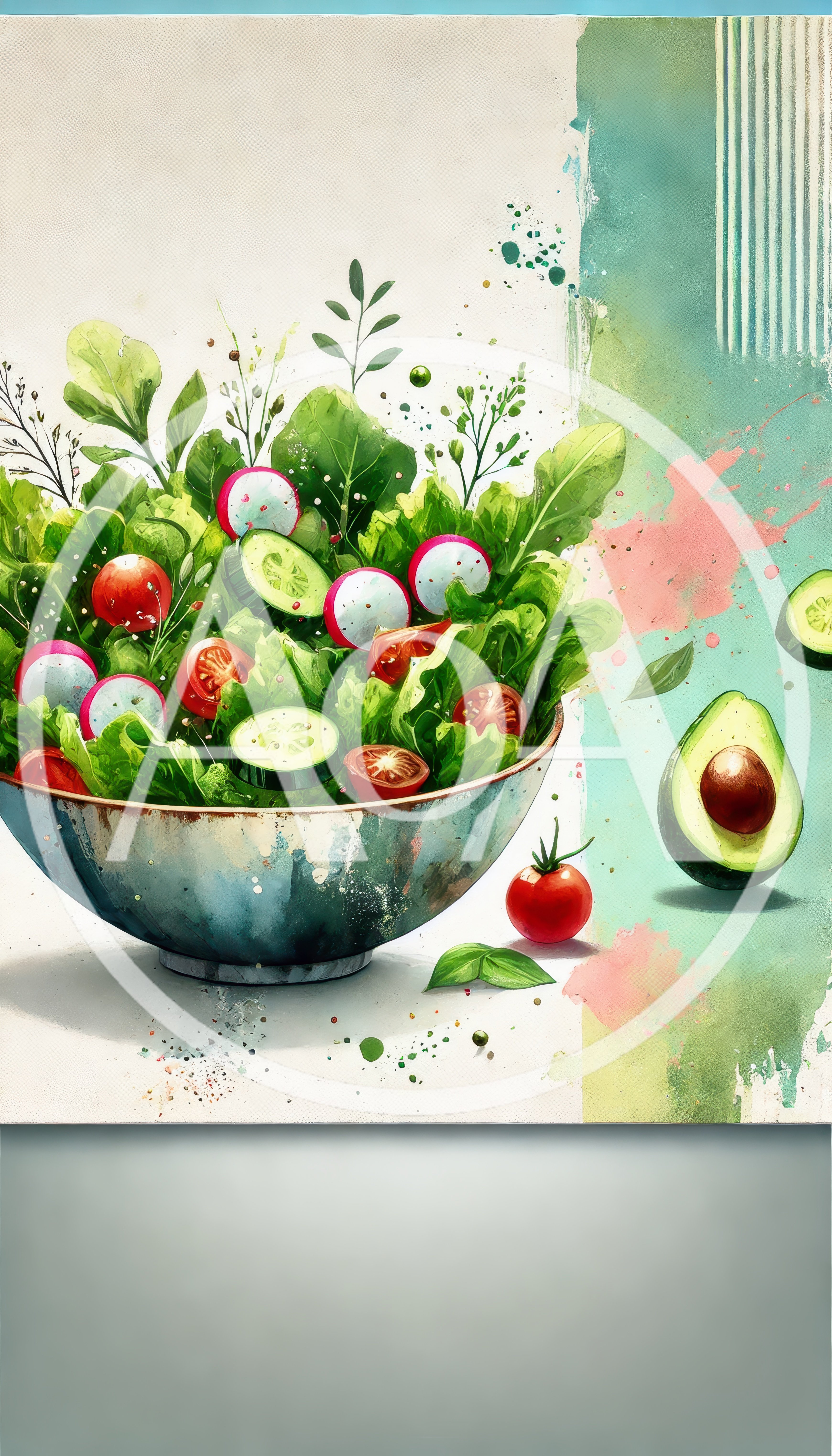Watercolor Illustration Of A Fresh Vegetable Salad Bowl
