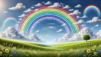 Vibrant Rainbow Over Rolling Green Meadow Landscape