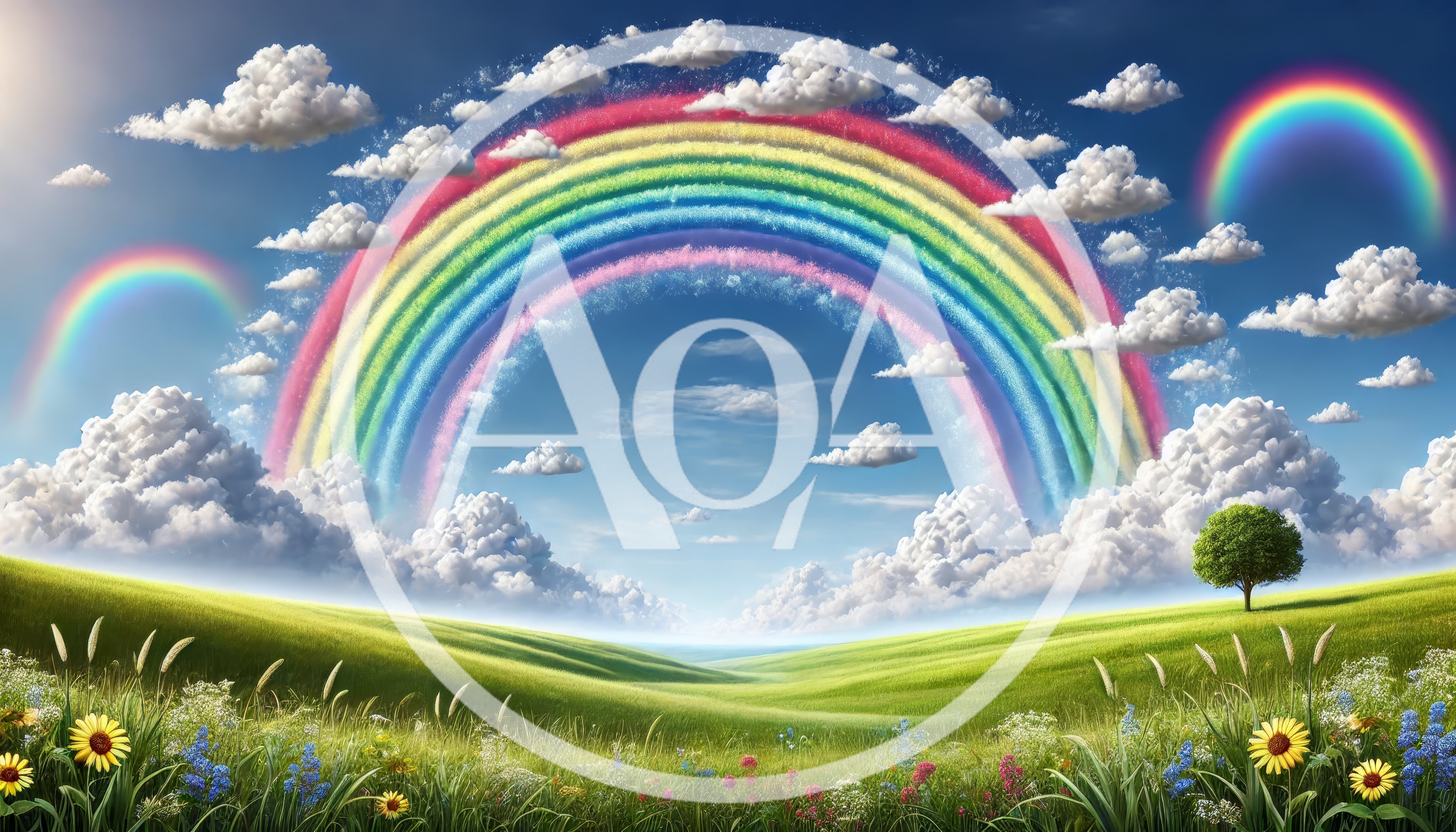 Vibrant Rainbow Over Rolling Green Meadow Landscape