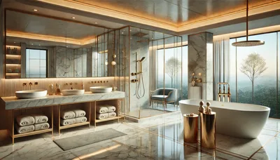 Luxury Modern Bathroom With Marble Vanity And Bathtub