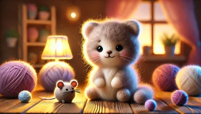 Cute Felted Kitten and Mouse Toy on Wooden Table